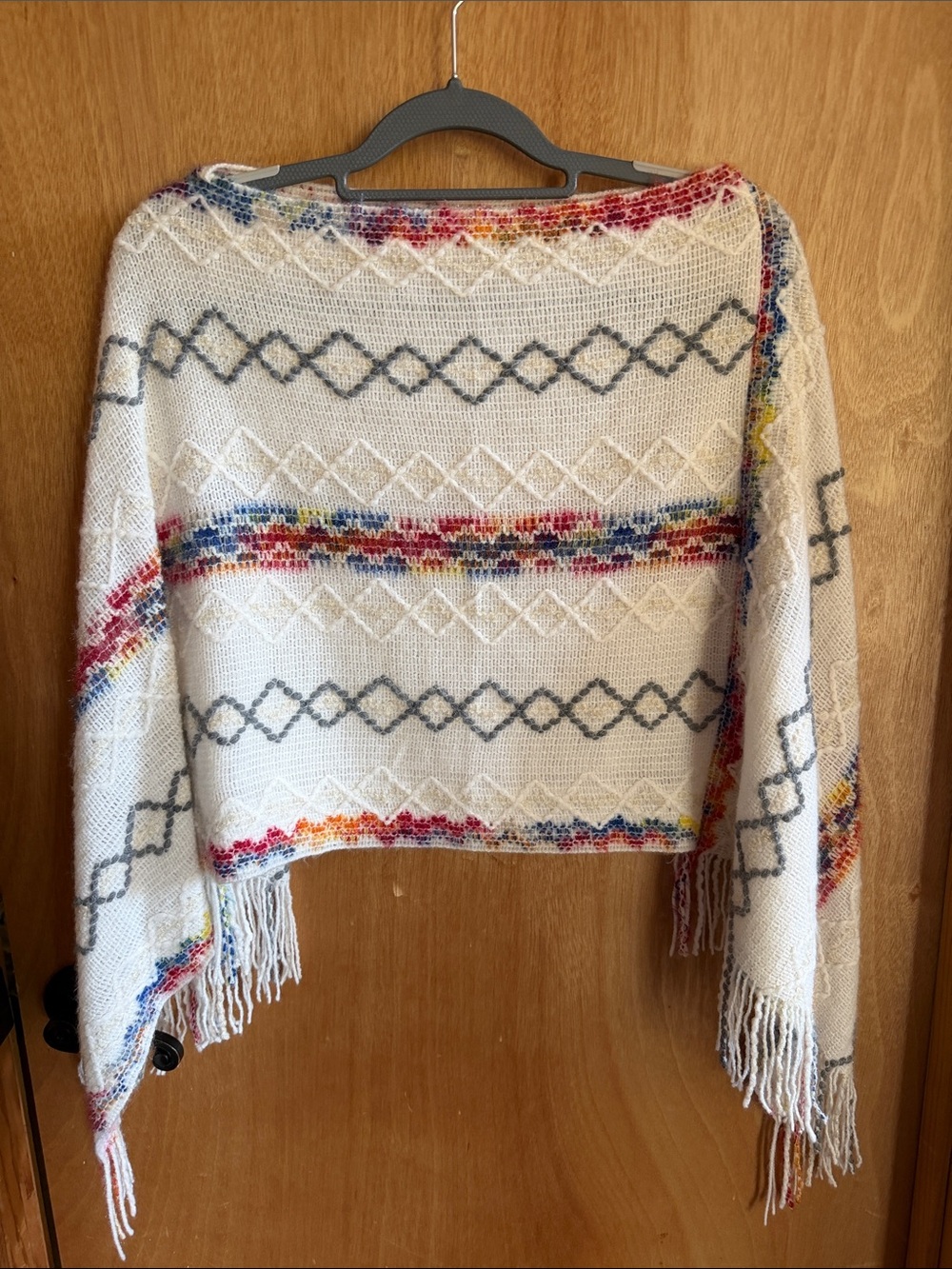 Women's Cream Fringe Sweater with Multicolor Fair Isle Stripes
